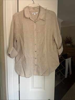 Chico's Taupe Button-Up Linen Blend Blouse